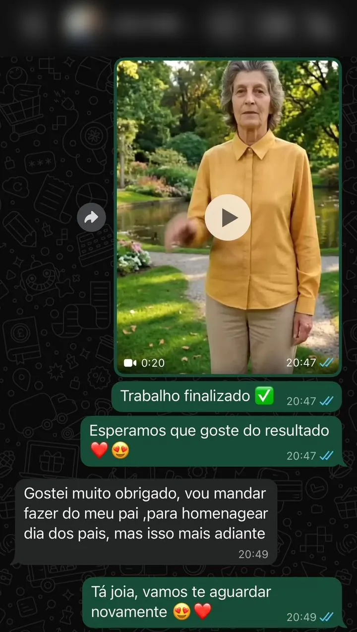 Reação real de um cliente da Eterniza no WhatsApp